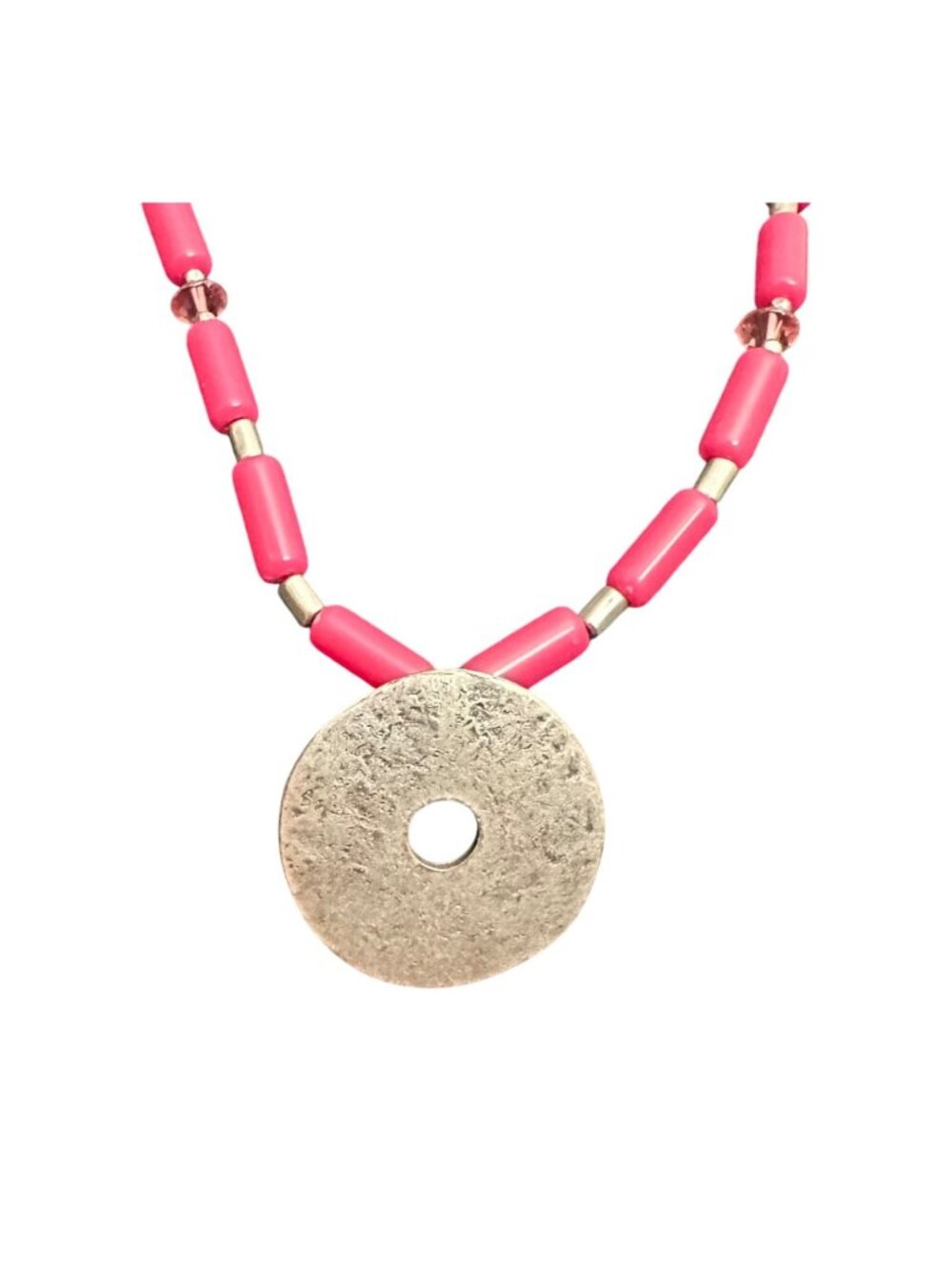 Chico's Necklace Jewelry Statement 33" Adjustable Pink Silver Tone Hammered Long
